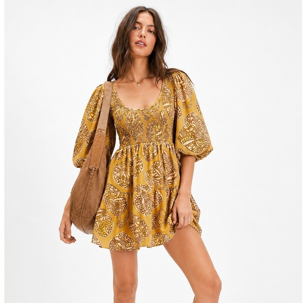Free People Girl & The Sun Dress Womens S Yellow Imogen Mini Shell Print Smocked